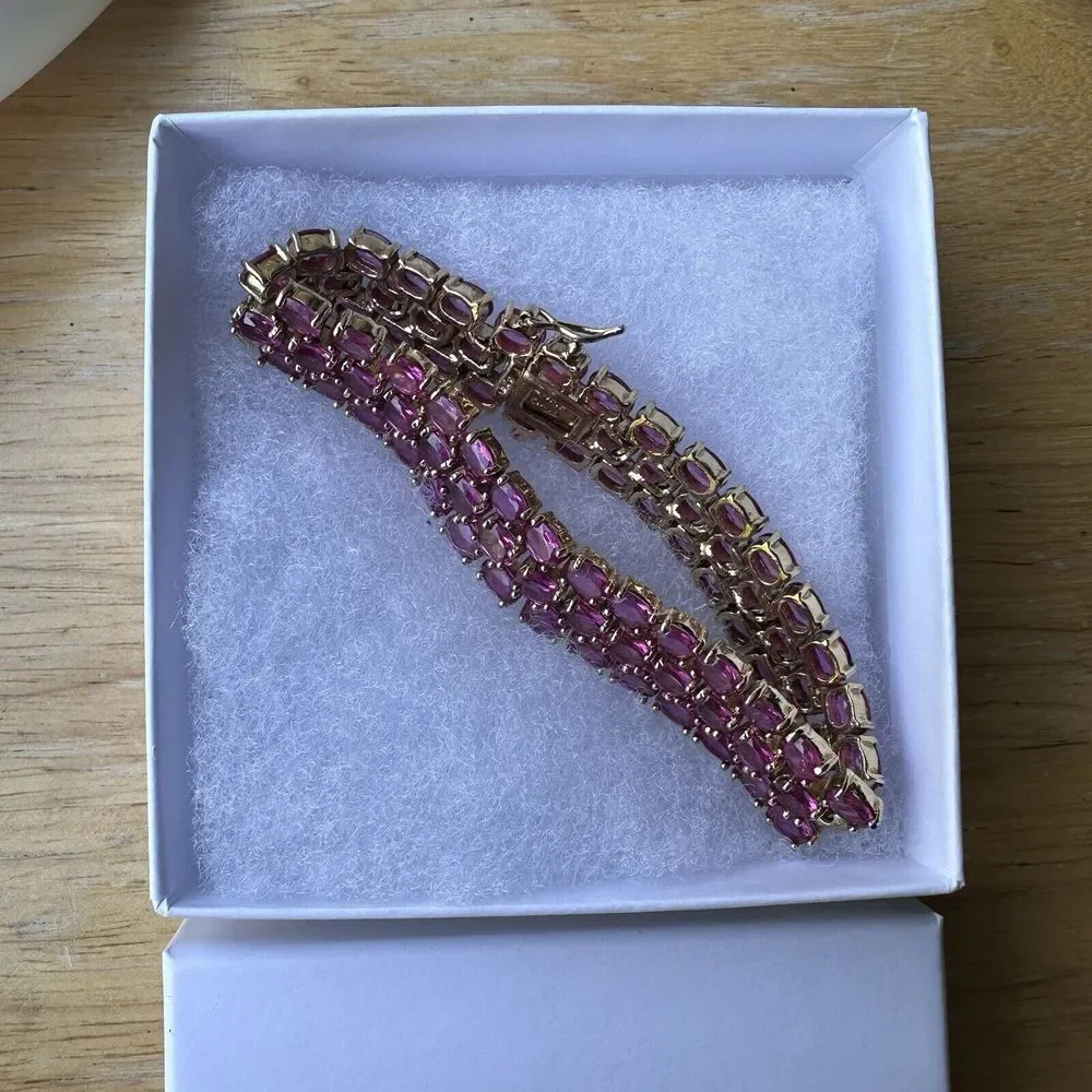 Link Bracelet Lab Pink Sapphires 3 Tier Size 7 Gold Plated Sterling Silver 42.7g